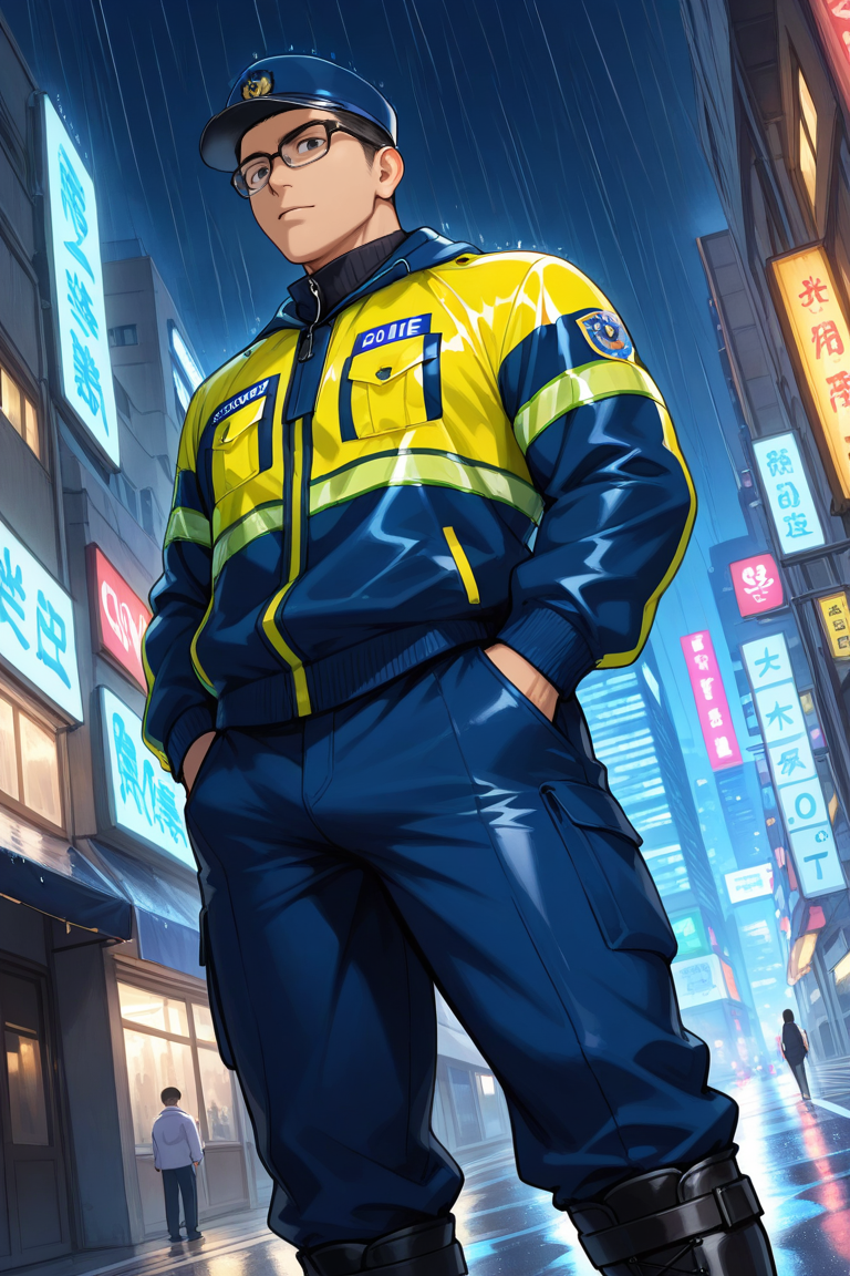 score_9, score_8_up, score_7_up, score_6_up, perfect anatomy, perfect proportions, best quality, masterpiece, high_resolution, high quality, highres, gay, homo, bara, male focus, male only, mature, masculine, manly, hunk, virile, rugged, hunky, handsome, charming, alluring, dutch angle, cowboy shot, asian man, Taiwanese man, young man, black eyes, black hair, glasses, HannekenTWpolice06, High-visibility clothing, Hi Vis jacket, High Visibility Jacket, untucked jacket, black pants, black boots, low angle, from below, outdoors, dark, city, neon, cityscape, raining, cold, black police cap