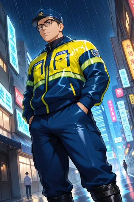 score_9, score_8_up, score_7_up, score_6_up, perfect anatomy, perfect proportions, best quality, masterpiece, high_resolution, high quality, highres, gay, homo, bara, male focus, male only, mature, masculine, manly, hunk, virile, rugged, hunky, handsome, charming, alluring, dutch angle, cowboy shot, asian man, Taiwanese man, young man, black eyes, black hair, glasses, HannekenTWpolice06, High-visibility clothing, Hi Vis jacket, High Visibility Jacket, untucked jacket, black pants, black boots, low angle, from below, outdoors, dark, city, neon, cityscape, raining, cold, black police cap