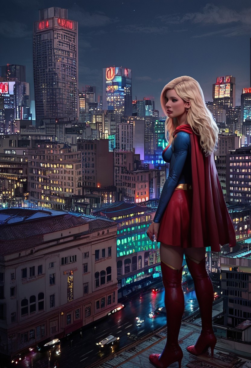 score_9, score_8_up, score_7_up, Joburg, BUILDING,
SCENERY,
CITY,
CITYSCAPE,
OUTDOORS,
SKYSCRAPER,
night, 1girl, losspgirl, blonde hair, long hair, blue eyes, bodysuit, long sleeves, red cape, red skirt, red high heels thigh boots,