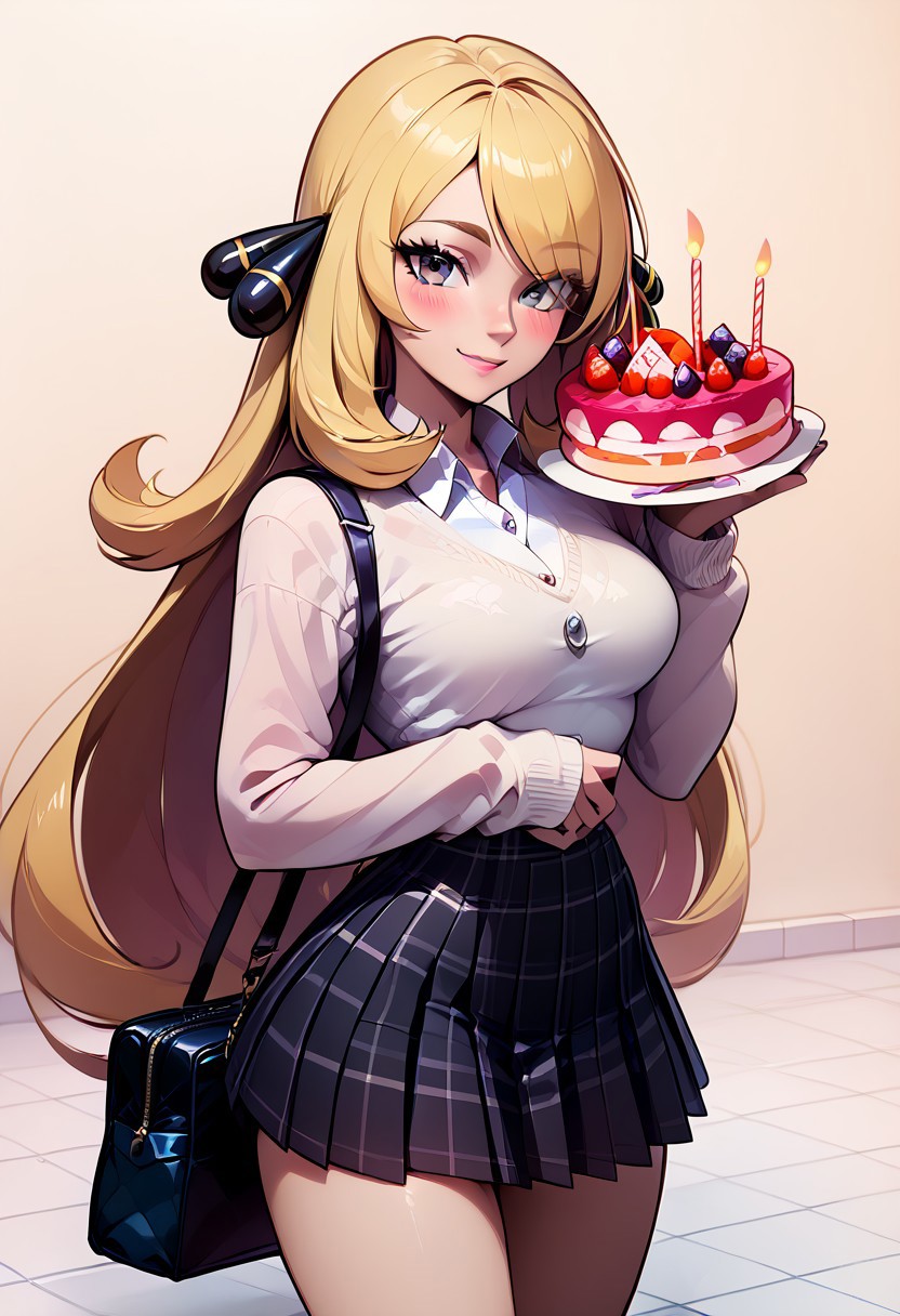 score_9, score_8_up, score_8, medium breasts, (curvy), cute, eyelashes,     
BREAK, zzHoldingCake, 
zzCynthia, solo, 1girl,  blonde, long hair,
BREAK,
 closed mouth, alternate costume, smile, nail polish, looking at viewer, collared shirt, blush, sweater, black skirt, black nails, eyelashes, long sleeves, sleeves past wrists, plaid skirt, shoulder bag, black bag, blurry, tile floor, pleated skirt, white shirt,
zPDXL,