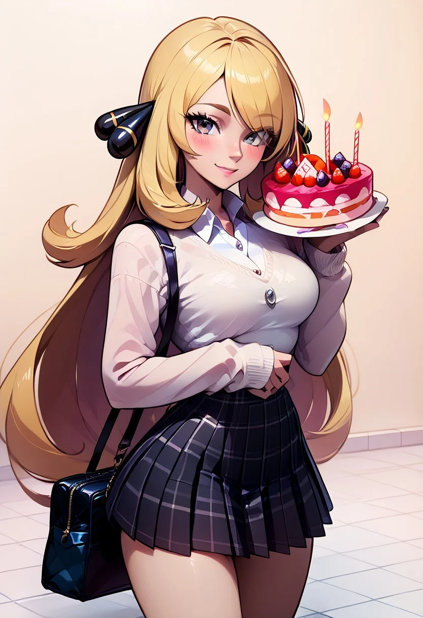score_9, score_8_up, score_8, medium breasts, (curvy), cute, eyelashes,
BREAK, zzHoldingCake,
zzCynthia, solo, 1girl, blonde, long hair,
BREAK,
closed mouth, alternate costume, smile, nail polish, looking at viewer, collared shirt, blush, sweater, black skirt, black nails, eyelashes, long sleeves, sleeves past wrists, plaid skirt, shoulder bag, black bag, blurry, tile floor, pleated skirt, white shirt,
zPDXL,