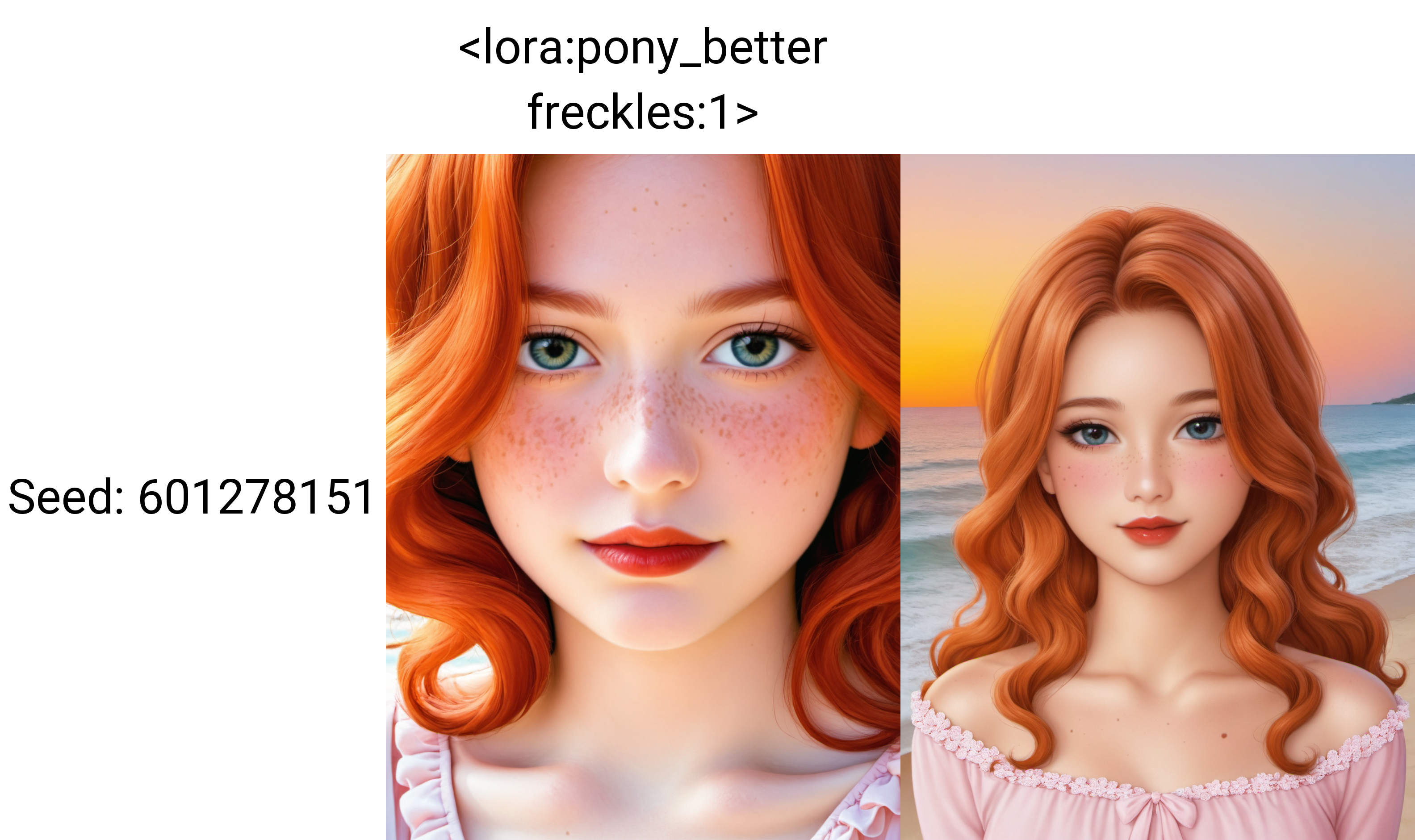 18 years old,  close-up, long ginger hair, long wavy hair, wearing an off the shoulder long Sleeves crepe dress, cheek dimples, red cheek, with freckles, red lips, flirty looks, shy, on a beach, with a sunset, portrait, high contrast, pink tones, canon 5D Mark IV, studio photography <lora:Pony_DetailV2.0:1> <lora:pony_better freckles:1>