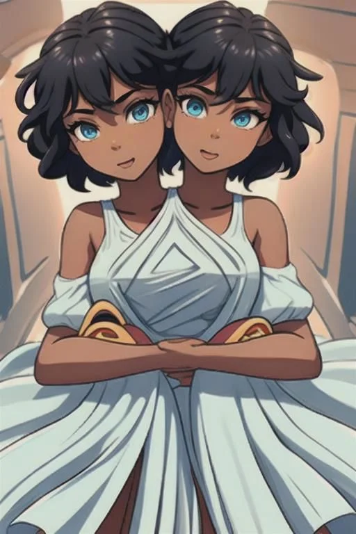 masterpiece, best quality, shorthair, black, darkskinnedfemale, <lora:conjoined_dicephalus:1>, (conjoined_twins, hugging, two heads:1.5), 1girl, masterpiece, best quality, peplos, greek clothes, blue eyes, dark skin, bare shoulders, earrings, flat chest, jewelry, solo, smile, bedroom <lora:WonderWoman:1.5> (from behind:1.5), back, looking down,hugging