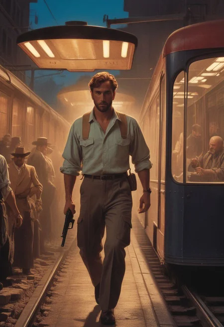 Action movie, moving visceral raw emotions, Sunset evening night, incredible beautiful gorgeous scenery, Cyberpunk, Men on horses, guns/revolvers drawn , holding up a futuristic train, robbing a mag lift train, action shot, neo-italy, neon desert, Crime syndicate underworld, extraordinary Epic ( 80's vintage anime:1.4) Dramatic, cinematic, artistic, digital masterpiece, dark, shadows, dim lit, dramatic lighting, Gritty, hyper detailed, dog wearing polo and khaki pants, gold chain, open shirt, cigarette smoke, seedy, unkempt, 80s, Miami, behind a restaurant, beachy, evening, realistic, (claude monet: 1.13) SK_ANIME, volumetric lighting, (realistic vintage anime film detailing:1.16), smokey, underhanded dealings, drug deals, illegal activity (John Martin fresco:1.53) (Vincent di fate syd mead Vermeer Caravaggio Rockwell Monet:1.3) spaghetti western VHS VCR 80s static overlay