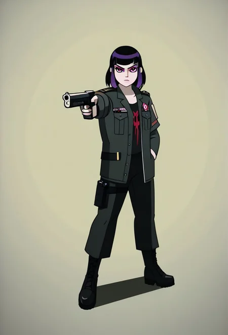 (1girl, solo,, holding weapon, holding gun, handgun, hand in pocket, aiming, full body, TenMic10, :1.3), grim light violet circles, vector art by Inceoglu Ismail, colourful, score_9, score_8_up, score_7_up, masterpiece, best quality, very aesthetic