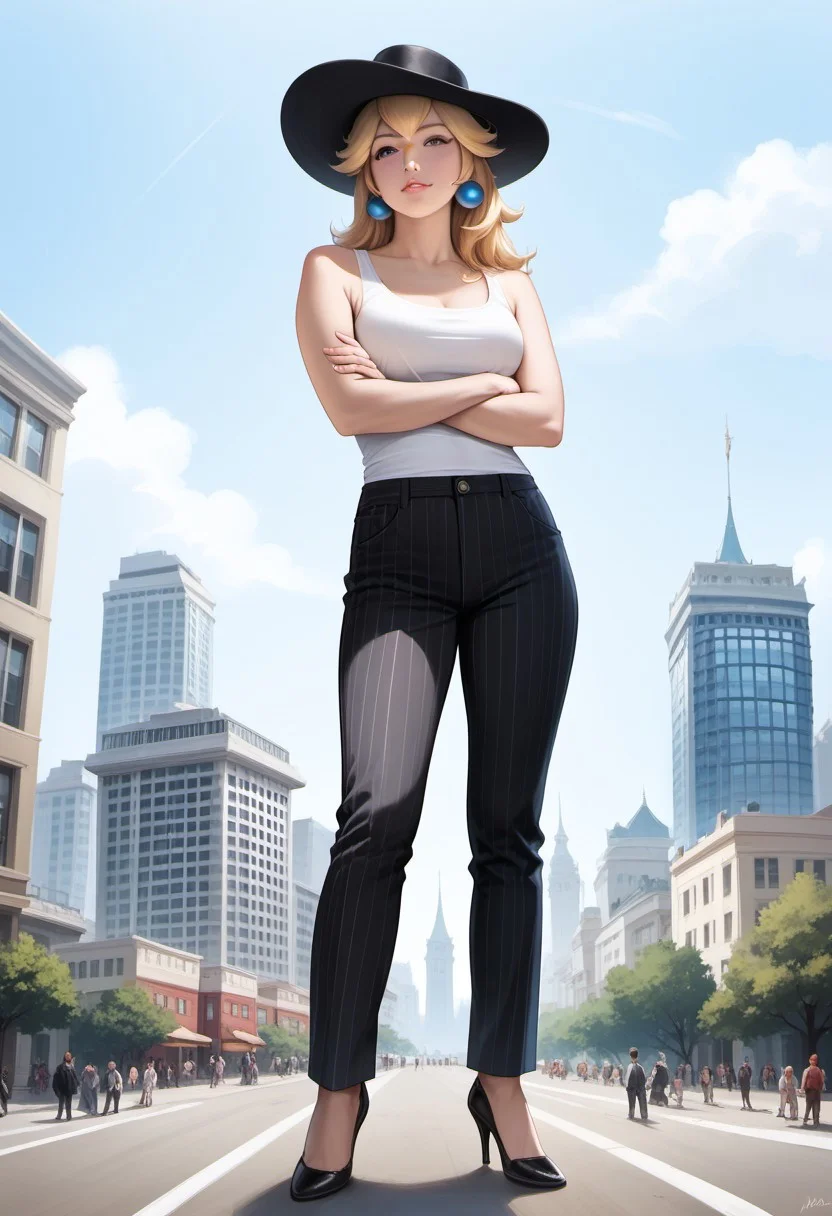 score_9, score_8_up, score_7_up, score_6_up, score_5_up, score_4_up, high quality, ((photorealistic)), (Extremely detailed), 1.5, <Lora:add-detail-xl:1.5>, princess peach, blonde hair, blue eyes, long hair, black fedora hat, white tank top, black pinstripe suit pants, black mule heels, Marco, Giantess, giga size, gigantic, city, standing, looking down, arms crossed, front view