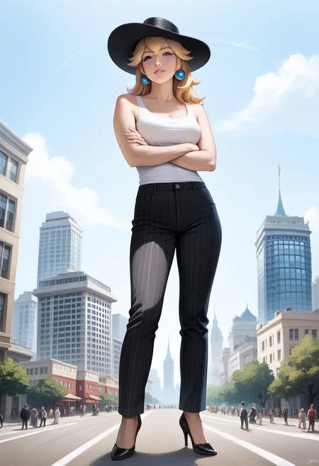 score_9, score_8_up, score_7_up, score_6_up, score_5_up, score_4_up, high quality, ((photorealistic)), (Extremely detailed), 1.5, <Lora:add-detail-xl:1.5>, princess peach, blonde hair, blue eyes, long hair, black fedora hat, white tank top, black pinstripe suit pants, black mule heels, Marco, Giantess, giga size, gigantic, city, standing, looking down, arms crossed, front view