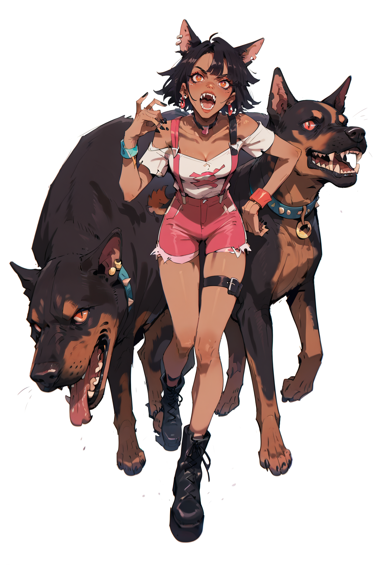 score_9, score_8_up, score_7_up,
<lora:VividCarnageV2:1> v1v1d,
1girl, black hair, jewelry, short hair, red eyes, boots, solo, animal ears, full body, white background, bracelet, shorts, open mouth, simple background, black footwear, earrings, black nails, teeth, standing, dark-skinned female, fangs, dark skin, nail polish, barefoot, looking at viewer, thigh strap, pink shorts, dog, sharp teeth, strap slip, suspenders