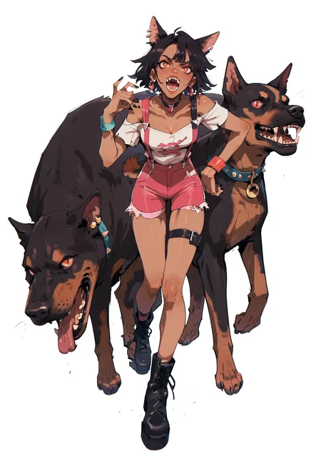 score_9, score_8_up, score_7_up,
<lora:VividCarnageV2:1> v1v1d,
1girl, black hair, jewelry, short hair, red eyes, boots, solo, animal ears, full body, white background, bracelet, shorts, open mouth, simple background, black footwear, earrings, black nails, teeth, standing, dark-skinned female, fangs, dark skin, nail polish, barefoot, looking at viewer, thigh strap, pink shorts, dog, sharp teeth, strap slip, suspenders