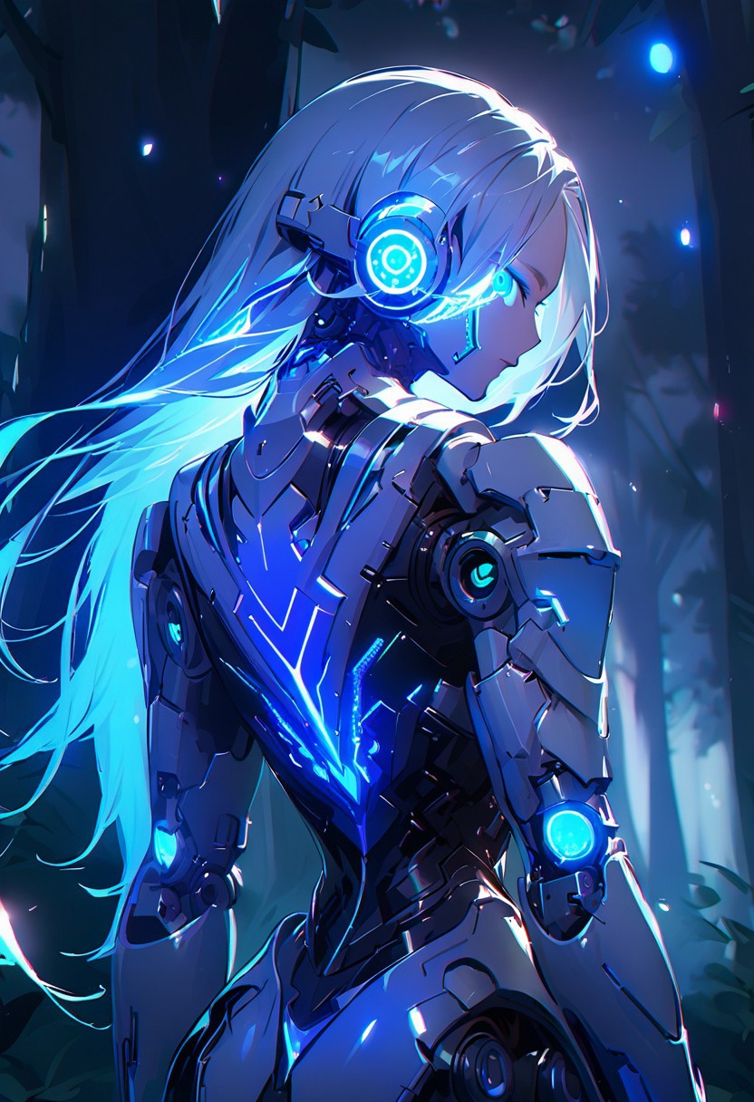 ((masterpiece), (best quality), (ultra-detailed), 
illustration, 3DMM,
1woman, deep blue eyes, blue hair , very long hair, forehead, black footwear, high heels, standing, looking at viewer, trees,  night sky, stars, forest, futuristic,  hand prosthesis, scifi , lrg prosthesis, glossy, armor, cyborg,  perfect body, silver and blue glow,  mechanical joints, from back, chiaroscuro shading, 
  prostheses, cyber prostheses, glowing hair, detailed face, blue particle, upper body, face focus, white gaming headphones,)