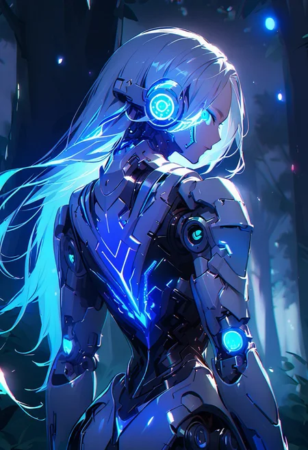 ((masterpiece), (best quality), (ultra-detailed),
illustration, 3DMM,
1woman, deep blue eyes, blue hair , very long hair, forehead, black footwear, high heels, standing, looking at viewer, trees, night sky, stars, forest, futuristic, hand prosthesis, scifi , lrg prosthesis, glossy, armor, cyborg, perfect body, silver and blue glow, mechanical joints, from back, chiaroscuro shading,
prostheses, cyber prostheses, glowing hair, detailed face, blue particle, upper body, face focus, white gaming headphones,)