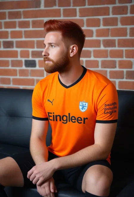 photo of a man with short red hair, hipster beard, looking away, sitting on sofa, posing, brick wall on background, bokeh, dynamic dutch angle.
(wearing soccer_jersey, dark theme, orange english text).