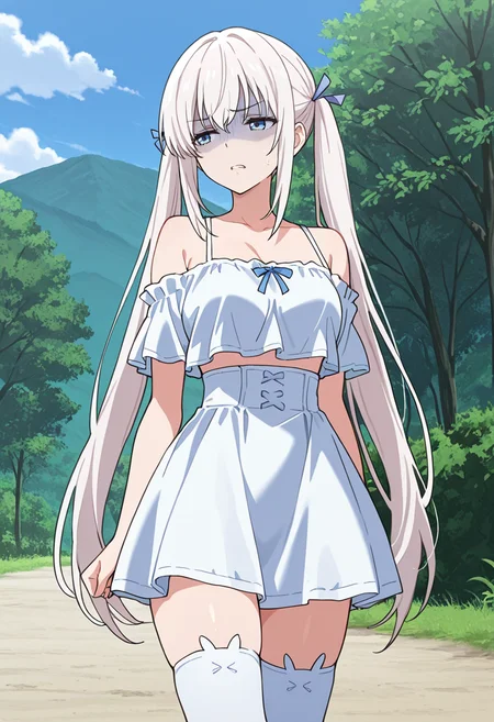 masterpiece,high quality details,
outdoors, 
 <lora:Komako_Semenovich:0.8> komako_cnr, 1girl, white hair, very long hair, twintails, blue eyes,sidelocks, hair ribbon,(aged up:1.2), turn pale,disgust,, crop top ,off-shoulder top ,high-waist skirt,  ,bunny ear legwear thighhighs,