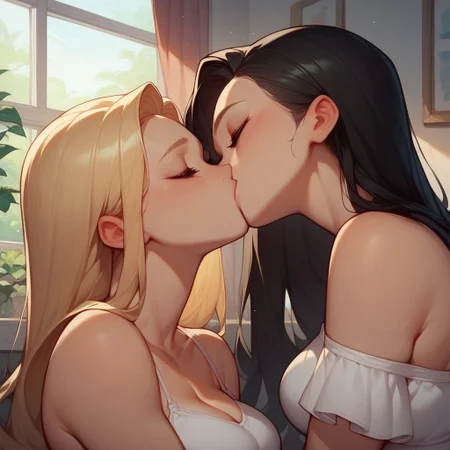 score_9_up, score_8_up, score_7_up, score_6_up, score_5_up, score_4_up, Expressiveh, 2girls, yuri, deep kiss, head tilt, kiss, long hair, blonde hair, black hair, indoors, window, day