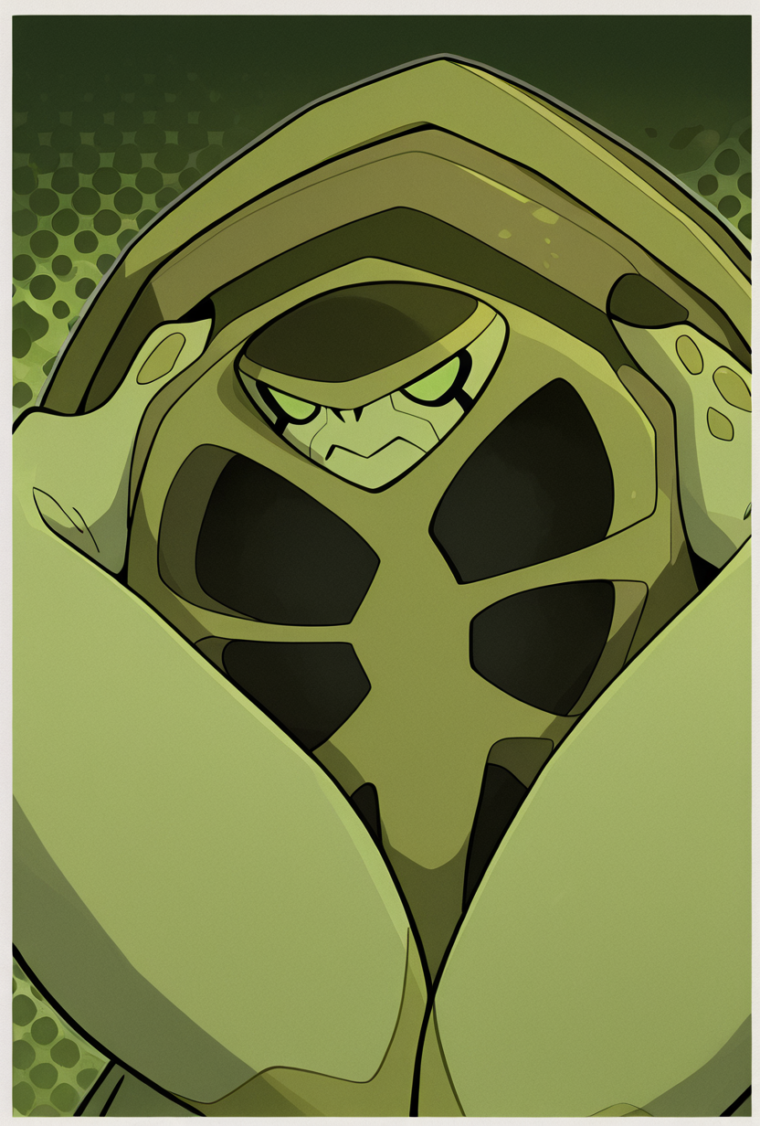 <lora:terraspin-06:1> terraspin, pokemon (creature), solo, no humans, closed mouth, green eyes, green skin, shell, turtle, green background,, masterpiece, best quality, amazing quality, very aesthetic, absurdres, newest,, upper body, halftone effect, white borders, abstract background:1.2,