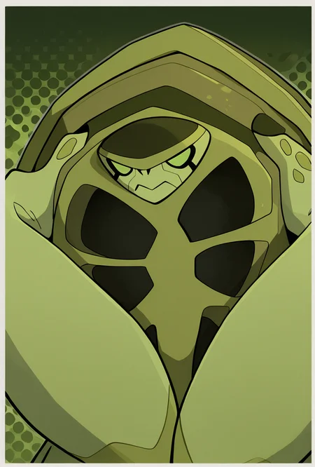 <lora:terraspin-06:1> terraspin, pokemon (creature), solo, no humans, closed mouth, green eyes, green skin, shell, turtle, green background,, masterpiece, best quality, amazing quality, very aesthetic, absurdres, newest,, upper body, halftone effect, white borders, abstract background:1.2,