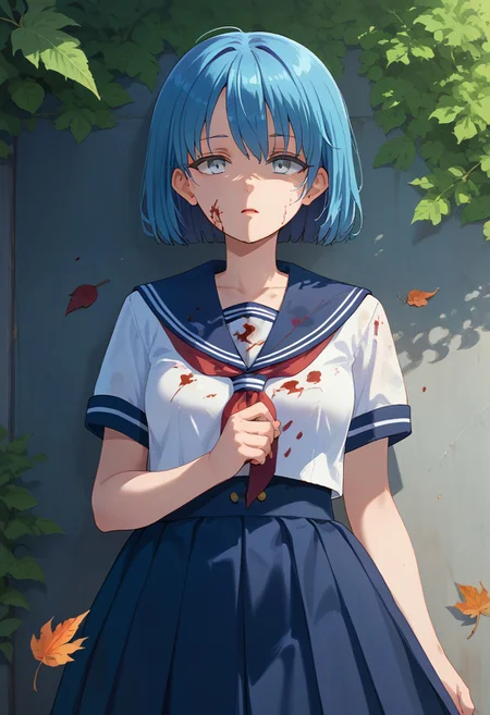 score_9, score_8_up, score_7_up, 1girl, original, blood, blue hair, dress, grey eyes, leaf, school uniform, serafuku