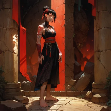 score_9, score_8_up, score_7_up, score_6_up, score_5_up, score_4_up, 1girl, detailed, masterpiece, solo, pale skin, red eyes, black hair, black nails, bangs, cleavage, 2 fangs, smile, earrings, legs, feet, stone floor, standing,