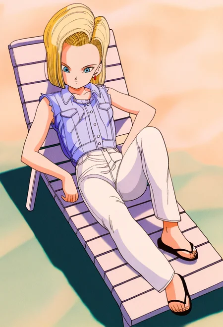 masterpiece,best quality, amazing quality, very aesthetic,absurdres,leold style,a18, 1girl, solo, blonde hair, blue eyes, short hair, lavender denim shirt, sleeveless shirt, white jeans, red earrings, black sandals, white beach chair, beach,lying,small breasts,full body, relaxing, <lora:Android18IllusV2:1>