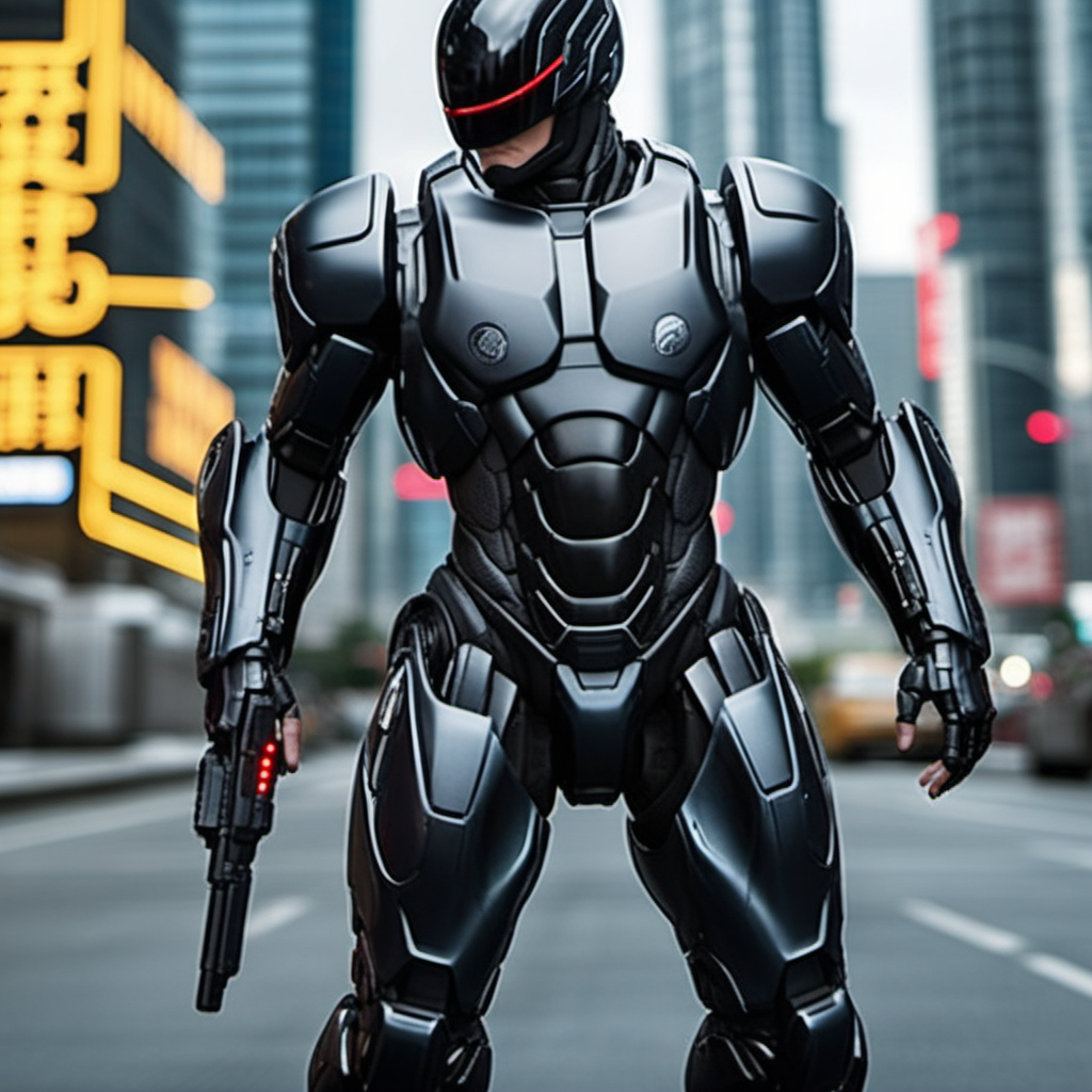 Robocop2014, a black armored robot, full body, cyberpunk city background, highly detailed,  photography, ultra sharp, film, professional, 64k <lora:add-detail-xl:1.5>  <lora:Robocop2014-1024-000325:0.6>