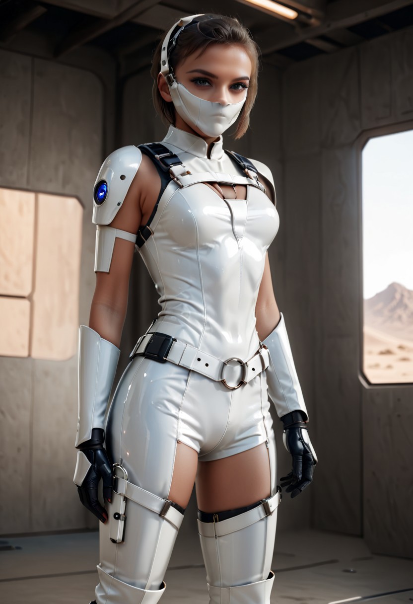 Full body shot of Super Girl looking at viewer, smiling, wearing the new upgraded latex white costume, full body fashion harness belts, chest harness, bottom harness, legs harness, hands harness, mouth mask, holding in hands a futuristic high tech sword, gloves, high heels boots, high tech weapon, shiny, glamour, high tech, sci-fi, futuristic, robotic.
Full body shot, cowboy shot, realistic, hyper detailed, ultra 8k, HDR, dramatic, intricate, imaginative concept, sharp focus, masterpiece, high quality, high res, perfect hands, perfect skin, perfect face, realistic eyes, detailed skin texture, subsurface scattering, realistic, photorealistic, professional photo, detailed battlefield dessert background.