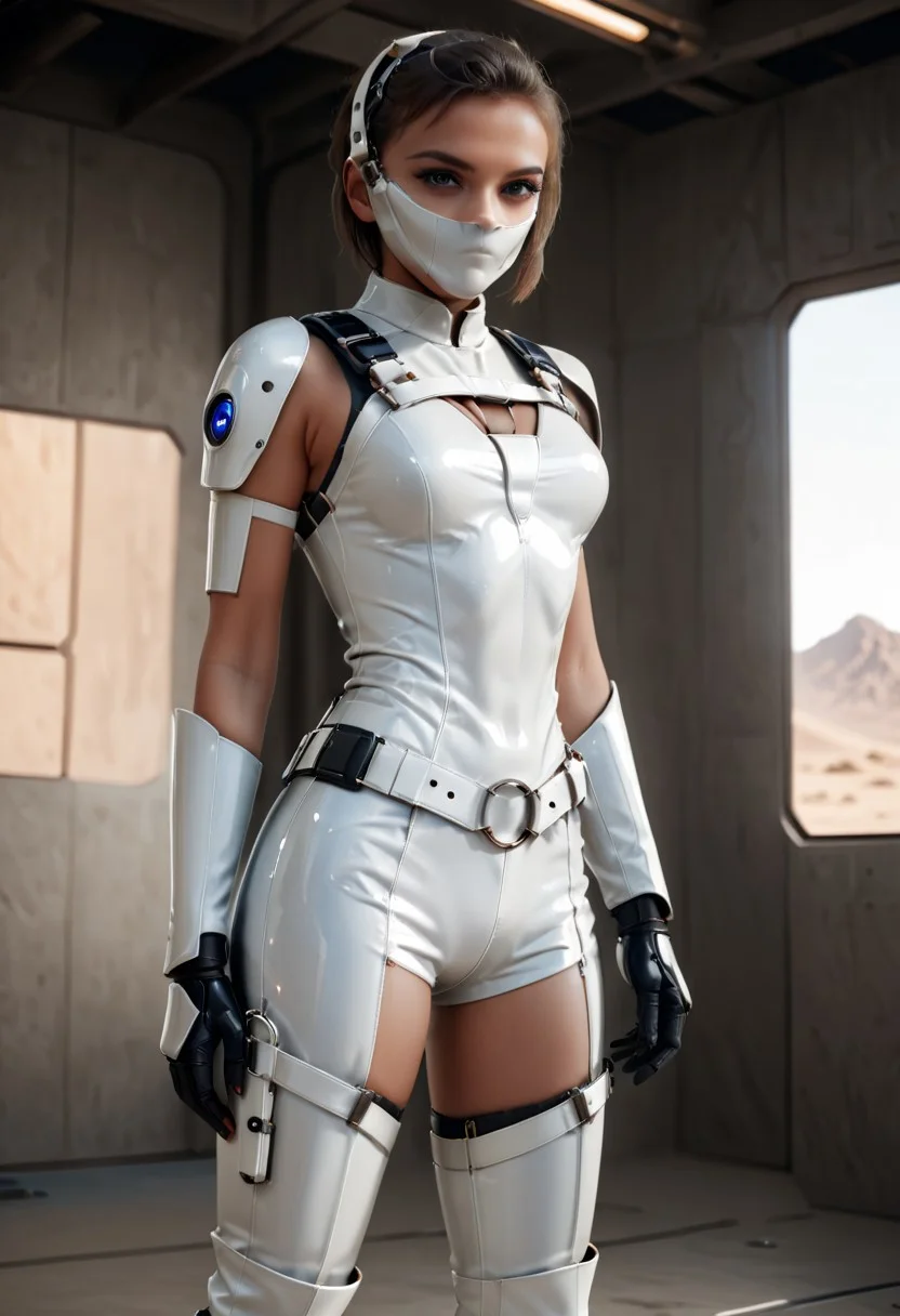 Full body shot of Super Girl looking at viewer, smiling, wearing the new upgraded latex white costume, full body fashion harness belts, chest harness, bottom harness, legs harness, hands harness, mouth mask, holding in hands a futuristic high tech sword, gloves, high heels boots, high tech weapon, shiny, glamour, high tech, sci-fi, futuristic, robotic.
Full body shot, cowboy shot, realistic, hyper detailed, ultra 8k, HDR, dramatic, intricate, imaginative concept, sharp focus, masterpiece, high quality, high res, perfect hands, perfect skin, perfect face, realistic eyes, detailed skin texture, subsurface scattering, realistic, photorealistic, professional photo, detailed battlefield dessert background.