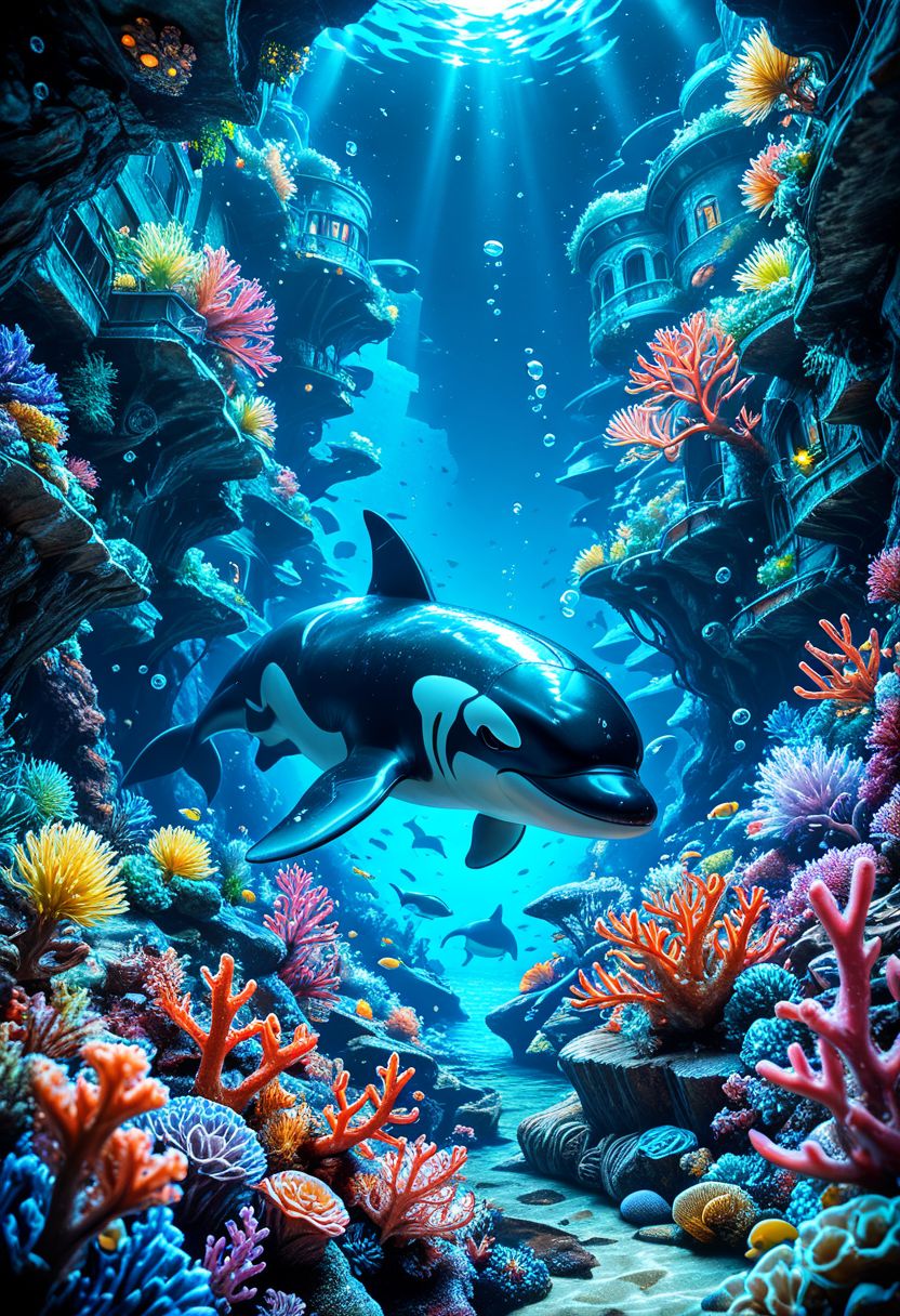 SmoothNoob_Quality, no humans, underwater city, bubbles, underwater, orca, fantasy, nature, scenery, coral reef, dark, night, glowing plants, <lora:Smooth_Booster:0.5>​​​