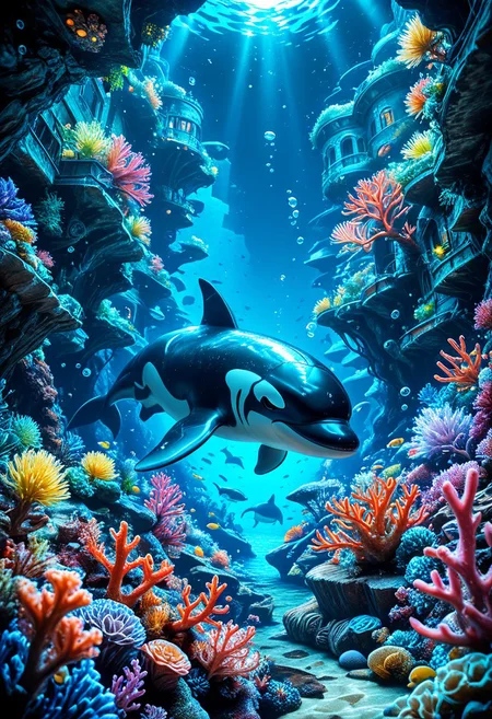 SmoothNoob_Quality, no humans, underwater city, bubbles, underwater, orca, fantasy, nature, scenery, coral reef, dark, night, glowing plants, <lora:Smooth_Booster:0.5>βββ