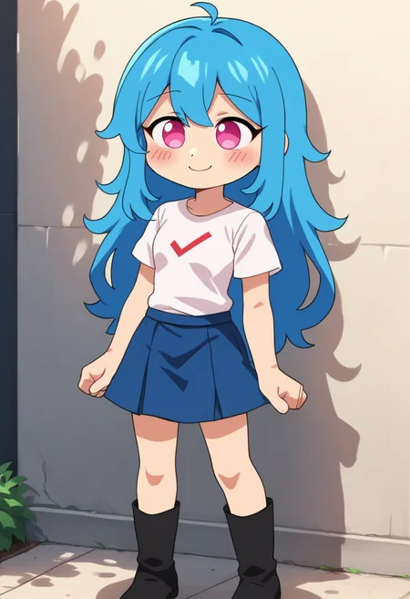 masterpiece, best quality, uncensored, source_anime, perfect lighting, very aesthetic, anime screencap, anime coloring BREAK score_9, score_8_up, score_7_up, score_6_up, score_5_up, score_4_up, 1girl, solo, skyfnf, long hair, blue hair, pink eyes, Expressiveh, chibi, blush, smile, white shirt, short sleeves, blue skirt, black footwear, knee boots, outdoors <lora:Expressive_H:0.6> <lora:add-detail-xl:0.5> <lora:sky_friday_night_funkin-000008:0.8>