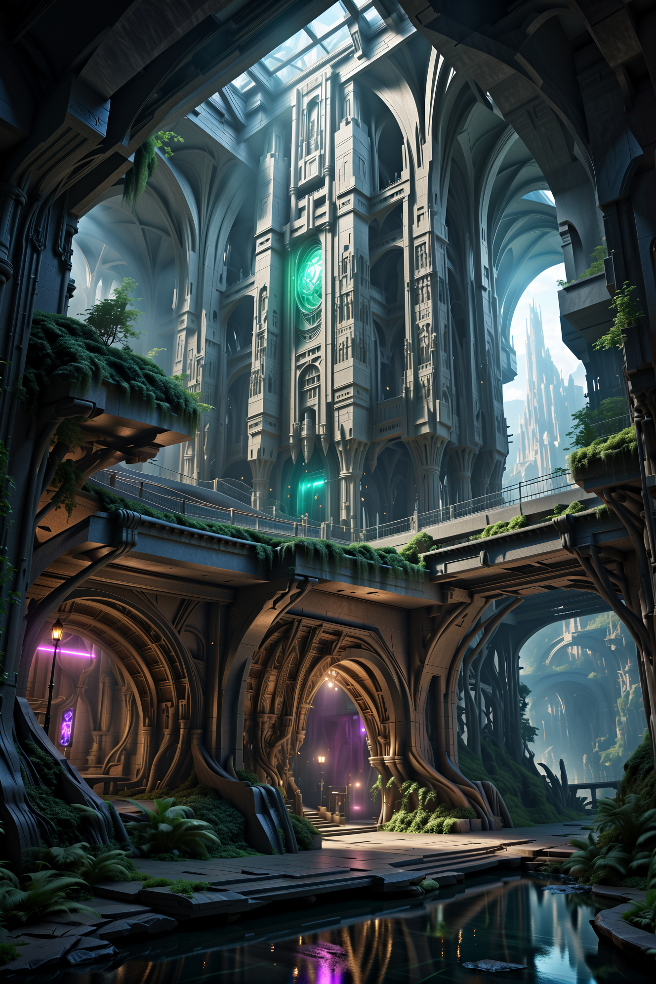 photograph, cinematic color grading, <lora:EnvyElvishArchitectureXL01:1> elvish architecture, cyberpunk, fantasy, switching station in a forbidden,great fantasy subterranean megastructure outside of the multiverse, masterpiece, by Jon McCoy<lora:EnvyBetterHiresFixXL01:0:hr=1>