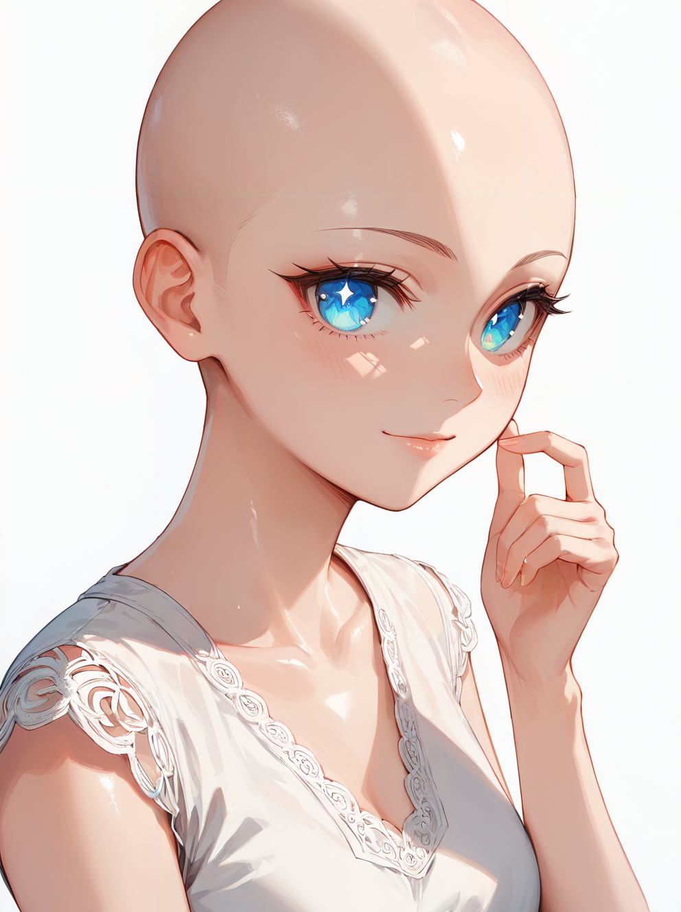 score_9, score_8_up, score_7_up,source_anime, high res image,masterpiece,best quality,(girl:1.0),cute face,clear skin,shiny hair,ultra detailed eyes,simple background, <lora:bald_pony_V1.0:0.5> bald