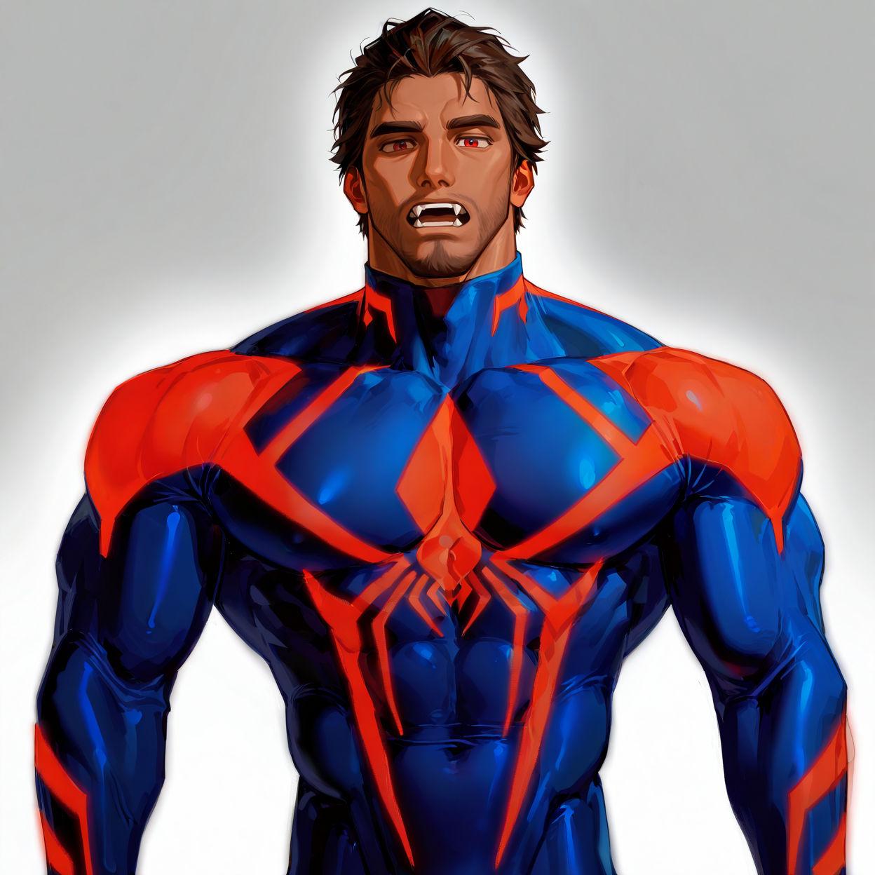 <lora:Miguel_Ohara_Spider-Man_2099_Spider-Verse:.5>, 1boy, male, male focus, solo, mature, tan skin, red eyes, dark brown hair, forehead, fangs, five o'clock shadow, stubble, bodysuit, blue bodysuit, blue-and-red bodysuit, red details, spider design, broad shoulders, bara, muscular, large pectorals, large biceps, small waist, hairy
(very short hair, beard, bara, mature, facial hair, stubble, beard, full beard, sideburn, beard, a lot of beard, ), facial hair,male focus, muscular male, muscular male, bara, mature,  bara, mature, aixiwuganda_(20222192), very awa, masterpiece, best quality, absurdres, newest, perfect quality, detailed background, intricate details,
<lora:slider_Body Type_alpha1.0_rank4_noxattn_last:3><lora:Anime Summer Days 2 Style SDXL_LoRA_Pony Diffusion V6 XL:.6><lora:slider_cfg_scale_boost:.7><lora:Artist6p:.55>, Artist6p, Artist04p,<lora:slider_il_brightness_slider_d1:-1><lora:slider_il_contrast_slider_d1:-1><lora:slider_DarkSlider1.2_alpha1.0_rank16_full_300steps:-.6>
