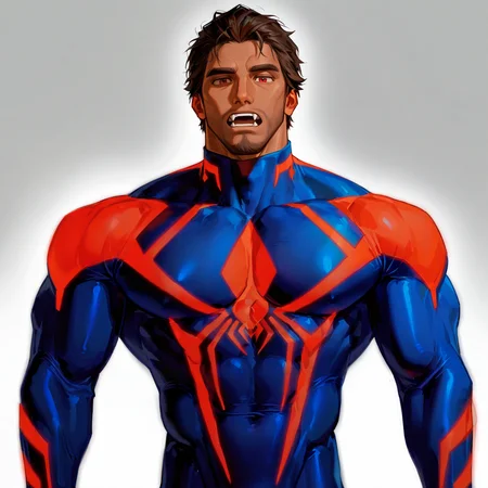 <lora:Miguel_Ohara_Spider-Man_2099_Spider-Verse:.5>, 1boy, male, male focus, solo, mature, tan skin, red eyes, dark brown hair, forehead, fangs, five o'clock shadow, stubble, bodysuit, blue bodysuit, blue-and-red bodysuit, red details, spider design, broad shoulders, bara, muscular, large pectorals, large biceps, small waist, hairy
(very short hair, beard, bara, mature, facial hair, stubble, beard, full beard, sideburn, beard, a lot of beard, ), facial hair,male focus, muscular male, muscular male, bara, mature,  bara, mature, aixiwuganda_(20222192), very awa, masterpiece, best quality, absurdres, newest, perfect quality, detailed background, intricate details,
<lora:slider_Body Type_alpha1.0_rank4_noxattn_last:3><lora:Anime Summer Days 2 Style SDXL_LoRA_Pony Diffusion V6 XL:.6><lora:slider_cfg_scale_boost:.7><lora:Artist6p:.55>, Artist6p, Artist04p,<lora:slider_il_brightness_slider_d1:-1><lora:slider_il_contrast_slider_d1:-1><lora:slider_DarkSlider1.2_alpha1.0_rank16_full_300steps:-.6>