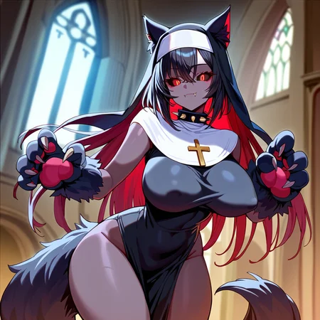 score_8_up,  score_7_up,<lora:HellwanAnimePonyLoraXLV2Alpha_4167:1>, Hellwan, 1girl, solo, black skin, colored skin, monster girl, black fur, closed mouth, fangs, curvy, wide hips, long hair, spiked collar, large breasts, wolf ears, wolf tail, black hair, animal hands, animal feet, animal legs, glowing eyes, red eyes, slit pupils, black sclera, standing, nun erect nipples under clothes, in a church, detailed background, indoors,