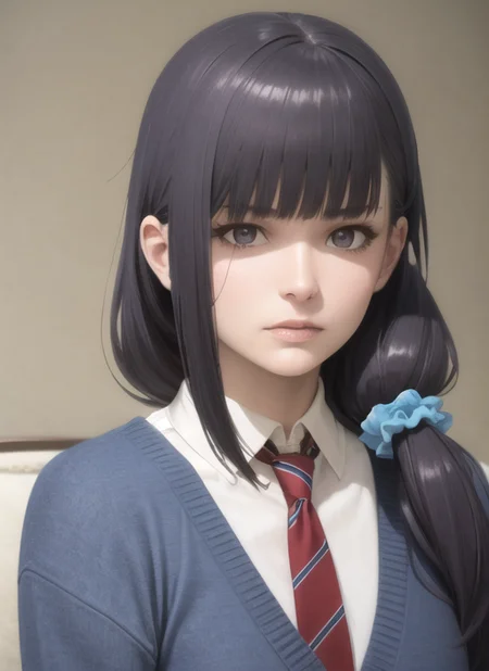 (realistic:1.5), 1girl, solo, <lora:gundou_misuzu-04:0.6>, gundou_misuzu, low ponytail, hair over shoulder, single sidelock, hair scrunchie, blue scrunchie, medium hair, hair strand, japanese, teen, looking at viewer, indoors, (shaded face), blue sweater, long sleeves, collared shirt, white shirt, necktie, portrait, angry, messy hair, ((disgust))