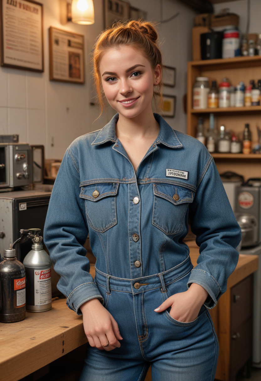 (medium full shot) of (gritty mechanic) young woman, canadian, tan skin, hazel eyes, voluptuous build, short ginger french braid hair,  wearing a denim jacket,overalls,black work shoes, holding an oil can, dirty with oil and grease, set in  Workshop Break Room, comfortable area with a couch, a table with chairs, a microwave, a refrigerator stocked with drinks, a bulletin board with job schedules, a window overlooking the workshop, at sunset, woman smiling at the viewer, Masterpiece,best quality, photorealistic, amazing quality, very aesthetic, extremely detailed face,