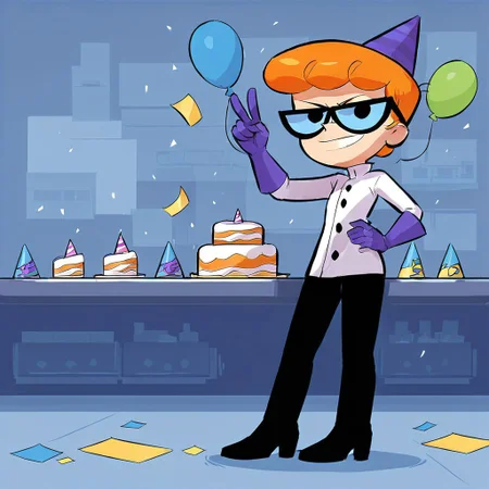 score 9 up, score 7 up, score 8 up, boy,<lora:dexter:0.8>, solo, lab coat, purple elbow gloves, eyewear, orange hair, dexter, black pants, black shoes, standing, looking at viewer, laboratory, smirk, party hat, confetti, balloons, birthday cake on table, large computer, peace sign, hand on hips