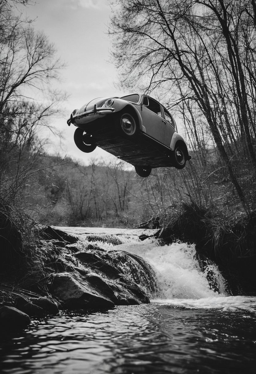 high-contrast monochrome palette, subtle grain, timeless feeling, cinematic quality, modern art photograph, a VW Beetle in mid-air jumping off a ramp across a creek