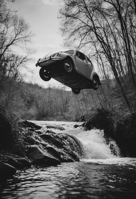 high-contrast monochrome palette, subtle grain, timeless feeling, cinematic quality, modern art photograph, a VW Beetle in mid-air jumping off a ramp across a creek