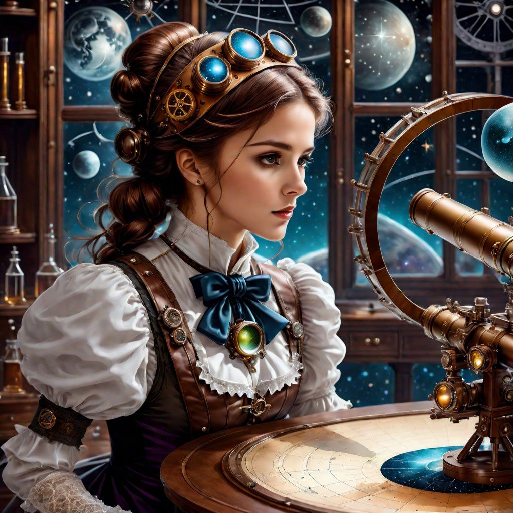 A steampunk-style telescope stands on a table in the laboratory,beautiful cute girl looking through a telescope, star map,
