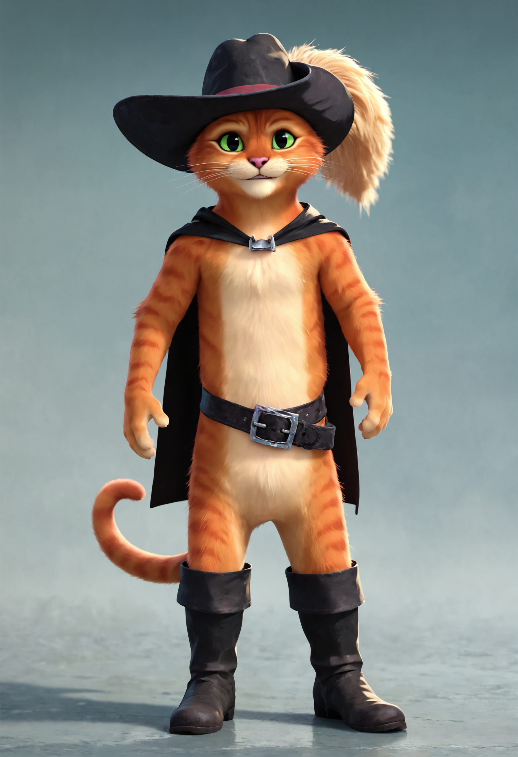 <lora:DreamWorks_Furry_Mix:0.6>, score_9, score_8_up, score_7_up, score_6_up, BREAK
source_furry, PussInBoots, 1boy, hat, black cloak, belt, black boots, full body, (front view:1.2), looking at viewer, smile, perfect face
