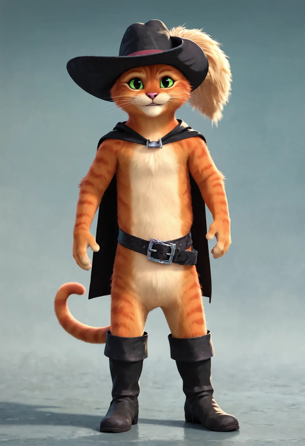<lora:DreamWorks_Furry_Mix:0.6>, score_9, score_8_up, score_7_up, score_6_up, BREAK
source_furry, PussInBoots, 1boy, hat, black cloak, belt, black boots, full body, (front view:1.2), looking at viewer, smile, perfect face