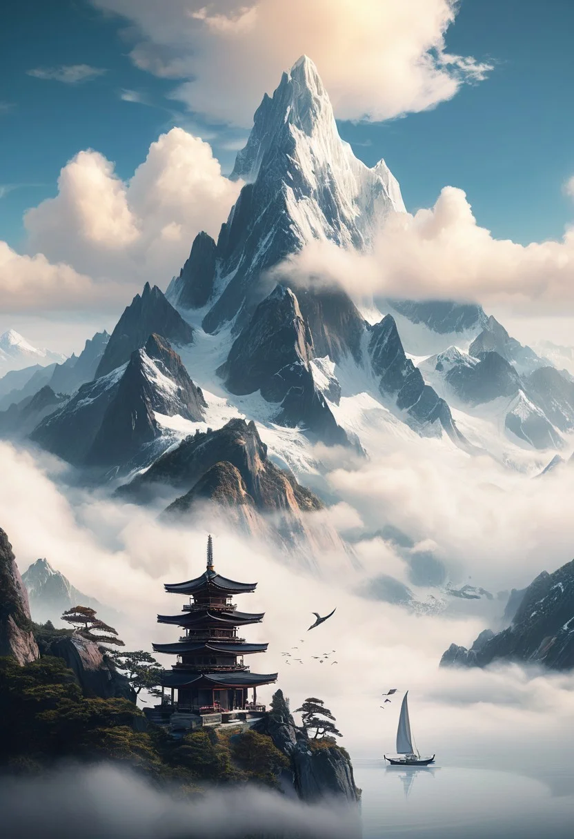 "Serene Sail" - Title: "Temple in the Sky"
Minimalist ink sketch, double exposure effect, featuring a small Buddhist temple nestled high among mountain peaks and glaciers, while a mystical sailboat with a solitary sail glides through vast cumulus clouds, style reminiscent of Nihonga and Ukiyo-E, imbued with a perfect composition, an epic dreamy atmosphere, sharp focus, intricate details, trending on ArtStation, highly detailed work styled by Greg Rutkowski.