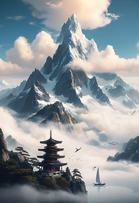 "Serene Sail" - Title: "Temple in the Sky"
Minimalist ink sketch, double exposure effect, featuring a small Buddhist temple nestled high among mountain peaks and glaciers, while a mystical sailboat with a solitary sail glides through vast cumulus clouds, style reminiscent of Nihonga and Ukiyo-E, imbued with a perfect composition, an epic dreamy atmosphere, sharp focus, intricate details, trending on ArtStation, highly detailed work styled by Greg Rutkowski.