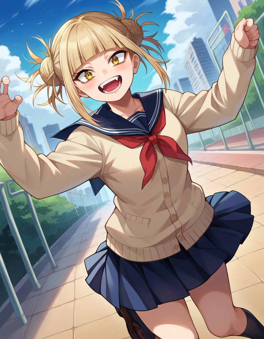 score_9, score_8_up, score_7_up, source_anime,
himikotoga, <lora:himiko-toga-ponyxl-lora-nochekaiser:1>,
himiko toga, bangs, blonde hair, yellow eyes, blunt bangs, hair bun, double bun, messy hair, smile, open mouth,
skirt, long sleeves, school uniform, pleated skirt, shoes, serafuku, socks, sailor collar, blue skirt, neckerchief, kneehighs, brown footwear, cardigan, black socks, loafers, red neckerchief, yellow cardigan,
outdoors, cityscape,
looking at viewer, cowboy shot, dutch angle, dynamic pose,