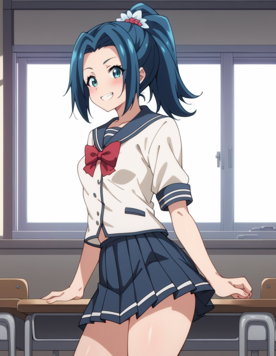 score_9, score_8_up, score_7_up, source_anime, uncensored, <lora:StS_detail_slider_v1:3>, zPDXLxxx, <lora:Hina_Hanetachi_PONYXL_VexVexX:1>, HinaHanetachi, 1girl, blue eyes, blue hair, ponytail, hair ornament, hair flower, medium-small breasts, school uniform, serafuku, pleated skirt, red bow, cowboy shot, indoors, from side, Stand tall with one leg slightly bent and lean slightly backward, arms gracefully extended, thighs, looking at view, smile,