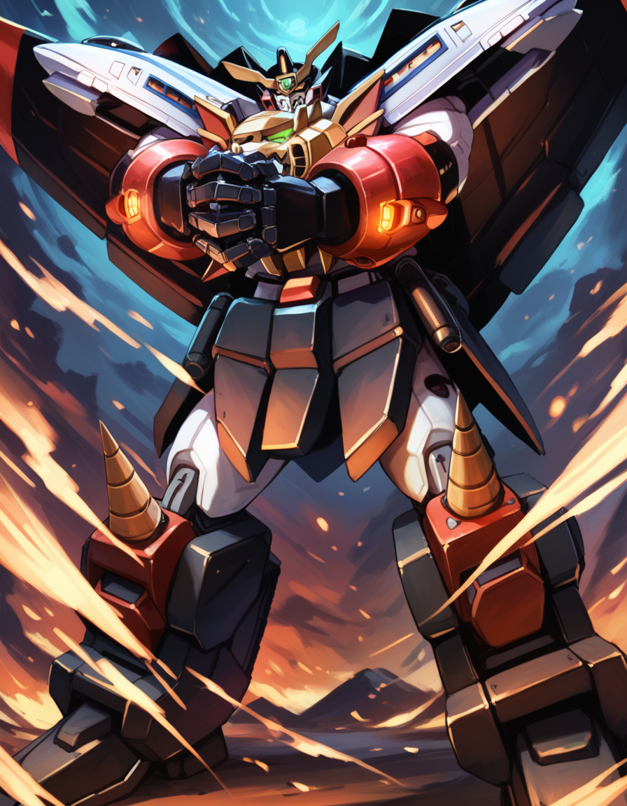 (score_9:0.9),score_8_up,score_7_up,rating_safe,(zPDXL3),(zPDXL),anime_style,
<lora:GaoGaiGar girl ponyXL v1:0.9>,
gaogaigar,no humans,super robot,solo,glowing eyes,clenched hands,science fiction,looking at viewer,v-fin,from below,full body,own hands together,fighting stance,