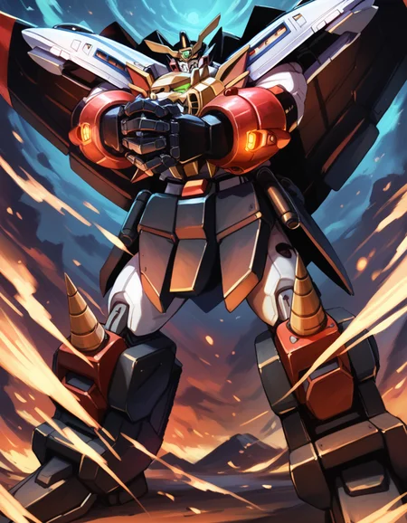 (score_9:0.9),score_8_up,score_7_up,rating_safe,(zPDXL3),(zPDXL),anime_style,
<lora:GaoGaiGar girl ponyXL v1:0.9>,
gaogaigar,no humans,super robot,solo,glowing eyes,clenched hands,science fiction,looking at viewer,v-fin,from below,full body,own hands together,fighting stance,