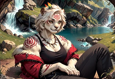 solo, norman rockwell style, pinup, solo, Sunshiu Style, source_anime, kimeya, kjk_jynx, short hair, white hair, yellow eyes, facial mark, lion ears, dark skin,tribal tattoo, hair ornament, feather crown, bone necklace, tribal jewelry, (furry female), animal ears, short hair, white hair, facial mark, green eyes, slit pupils, white fur, body markings, black fingernails, large breasts, tail, tank top, black leather pants, red puff jacket, lying back, lying down, resting head, soft smile, winking, one eye winking, tail twitching, sitting against boulder, beside boulder, near a creek, shimmering, crystal waters, day, noon, sunny, hot