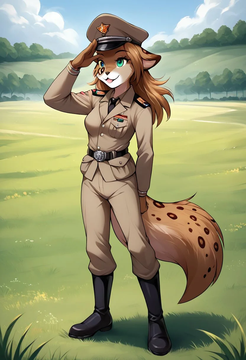 score_9, score_8_up, score_7_up, score_6_up, score_5_up, score_4_up, rating_explicit, source_furry, tkkathrin, keidran, mammal, spotted fur, teal eyes, anthro, 1girl, female, solo, solo focus, full body, standing on two legs, fluffy tail, long hair, medium breast, the army uniform of the Soviet Union, officer's cap of the Soviet Union, in the field, The salute gesture, cute expression, field, detailed background